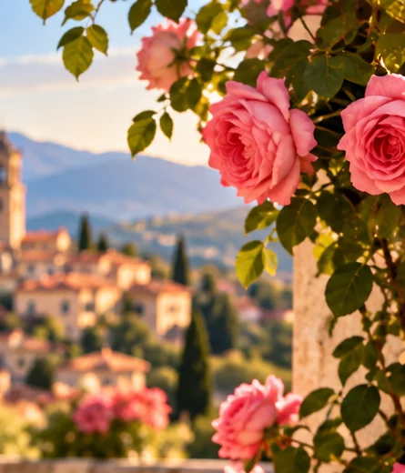 Pink roses overlooking a Mediterranean hillside village